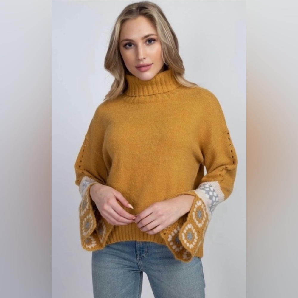 En Crème Mustard Ribbed Turtleneck Flared Crochet Sleeve Sweater 🌴